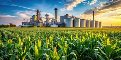 Vibrant corn field next to ethanol production plant in agricultural landscape, corn, field, cornfield, vibrant, ethanol
