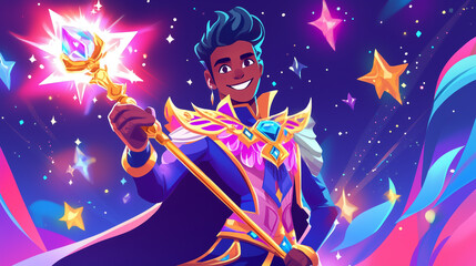 Naklejka premium Bright Cartoon-Style Illustrations of Kings Holding Magical Scepters in Colorful Fantasy Settings