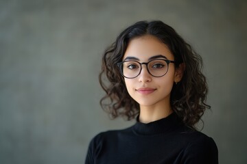 Obraz premium Confident Young Woman with Curly Hair and Glasses Posing Against a Neutral Background