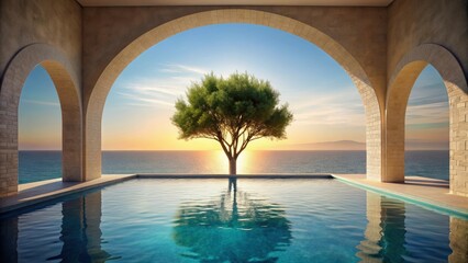 Serene pool under archway with ocean view and tree , tranquil, peaceful, archway, pool, serene, ocean view, tree, nature