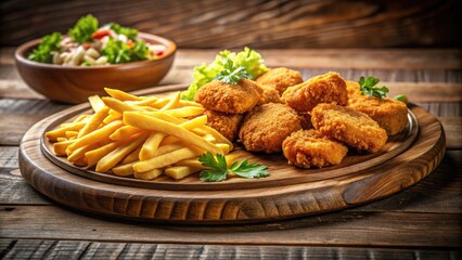 Enjoy a delicious fast-food meal: crispy chicken nuggets and golden French fries presented elegantly on bamboo.