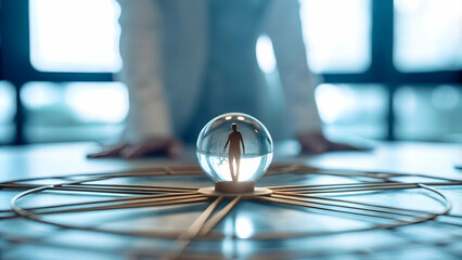 Role play advisor in empty sphere selecting sustainable funds blending ethics profitability shaping green harmony concept as Open vacuum reveals balanced approach merging responsible principles genera