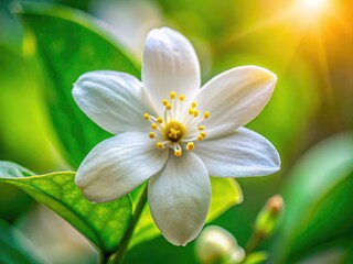 Obraz premium High-detail macro photograph of a single, delicate white jasmine flower; sharp focus throughout, highlighting its elegant form.