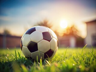 Fototapeta premium Minimalist soccer ball photography: vibrant green grass backdrop, clean lines, abundant copy space.