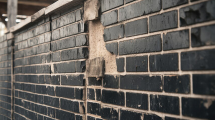 Textured image of a worn black brick wall with a patch of missing bricks, highlighting age and decay in a rustic setting. Ideal for architectural backgrounds.