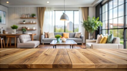 Empty wooden table with blurred living room background for product display, wooden, table, empty, interior, living room