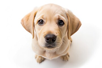 Side profile of an adorable fawn Labrador puppy, crisp detail, isolated on white, high depth of field.