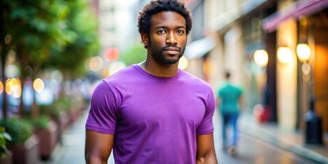 Fototapeta premium Showcase your designs! Tilt-shift mockup featuring a dapper African American male in a purple shirt.