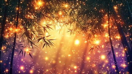 Naklejka premium Bamboo Silhouettes and Twinkling Stars in a Dreamy Forest Landscape