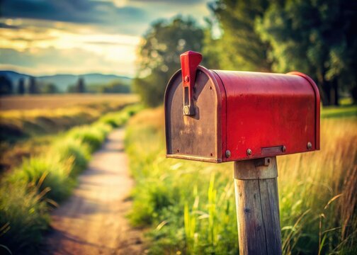 Documentary-style photo: weathered red mailbox holds a vintage airmail letter.