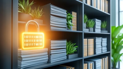 Minimal design of a glowing padlock encased in binary numbers, symbolizing secure internet usage and advanced cybersecurity measures.