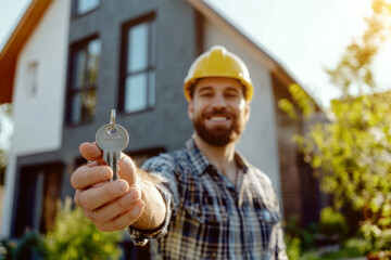 Buying a house. Private house on a turnkey basis. Handing over the keys to the buyer of the house. Construction company. Generated with AI.