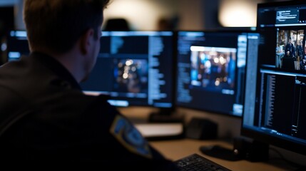 Officer monitoring multiple screens in a control room.