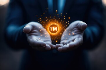 Trademark Registration and Protection Concept with Businessman and Virtual Screen