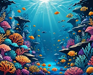 Vibrant Underwater Coral Reef Scene with Colorful Fish and Crabs