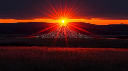 Silhouette of a person atop a mountain of coins with a radiant sunrise, symbolizing triumph and financial success in a minimal and simple design.