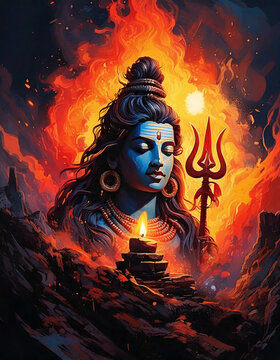 Lord Shiva. Whimsical Illustration Portrait.