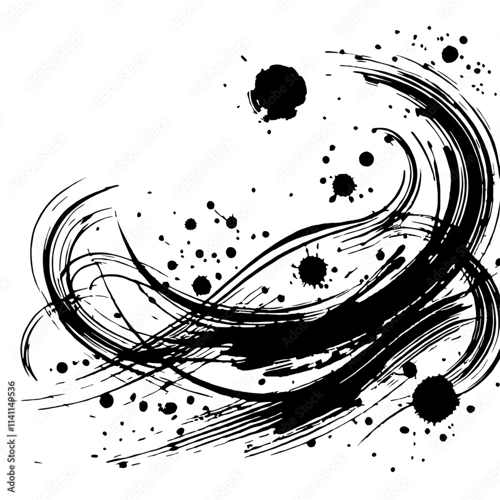 Poster dynamic ink splashes: abstract art of black ink swirls and splatters creating a dynamic and energeti