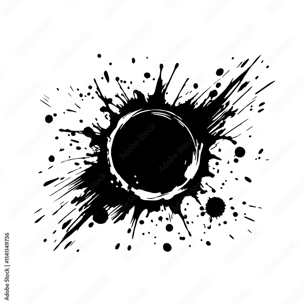 Poster black ink splash: abstract art featuring a bold black ink splash with a central circular void, creat