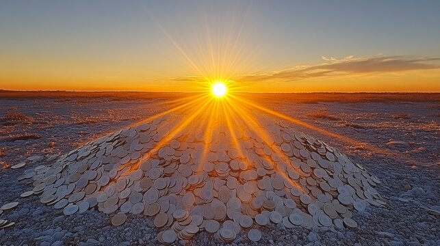 Simple silhouette of an individual on a mountain of coins with a radiant sunrise, symbolizing financial accomplishment in a sleek style.