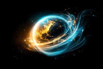 A glowing digital globe with network lines and dots, symbolizing global technology and communication