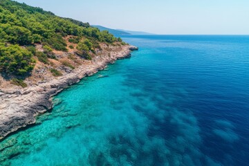 Fototapeta premium A beautiful blue ocean with a rocky shoreline