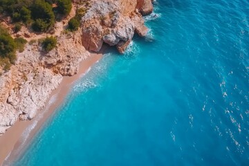 A beautiful blue ocean with a rocky shoreline