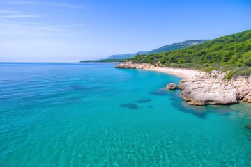 Fototapeta premium A beautiful blue ocean with a rocky shoreline