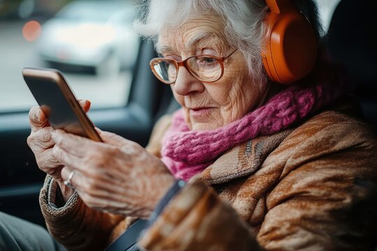 Elderly Woman Driving Alone While Using Smartphone in Car Captured in Candid Style