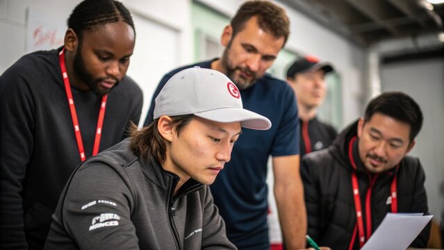 Four motorsport engineers wearing team apparel are engrossed in a collaborative discussion, reviewing documents and strategizing in the garage - Powered by Adobe