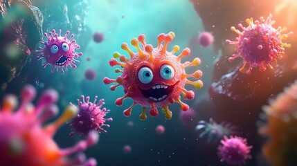 Colorful Cartoon Virus Characters in Surreal Environment Playful Humor Art Background