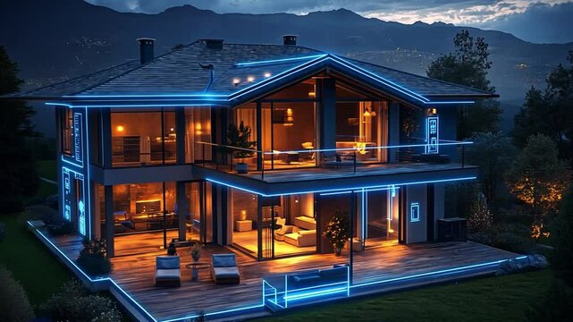 Modern illuminated house at twilight with mountain backdrop showcasing unique architectural design