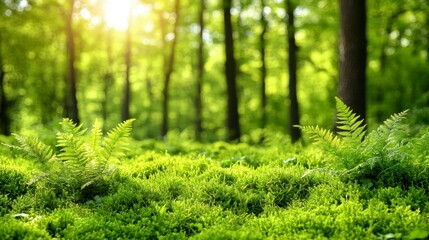 Fototapeta premium Realistic image of sunlight piercing through a dense green forest canopy, emphasizing the role of conservation in maintaining biodiversity and ecological balance.
