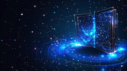 Digital wallet with glowing lines and particles in space.