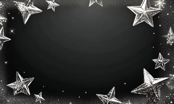 A decorative black background with silver stars and sparkles.