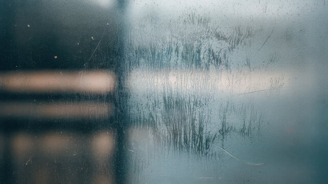 A close-up of a foggy glass surface, capturing soft hues and blurred reflections that evoke a feeling of serenity and contemplation.