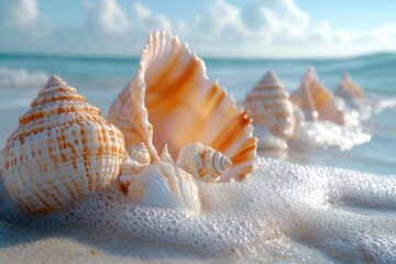 Colorful Seashells and Coral on Sandy Beach Under Warm Sunlight in Serene Coastal Paradise