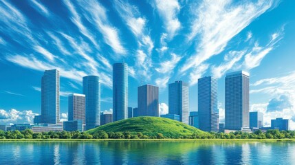 Obraz premium A richly green hillside rising in the foreground, contrasted by a modern city skyline in the background, capturing the union of nature and development.