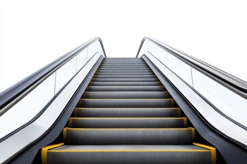 Escalator with yellow handrails ascending against white background