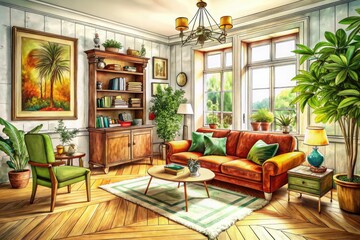 Drone's-eye view: a vintage home interior sketched, showcasing furniture, vibrant plants, and atmospheric lighting.