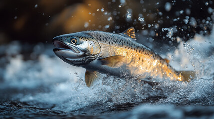 salmon leaps out of ocean, creating splashes of water around it. scene captures dynamic movement and beauty of nature, showcasing fish shimmering scales and powerful form