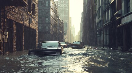 Flooded urban street with submerged vehicles city center dramatic scene urban environment wide angle climate impact