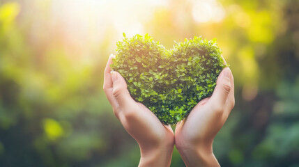 Hands holding heart shaped plant symbolizing love for nature and sustainability. This reflects importance of environmental conservation and green initiatives