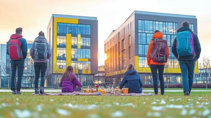A group of friends enjoying a park picnic in a minimalist style, promoting the joy of connection and the role of social interaction in stress relief.