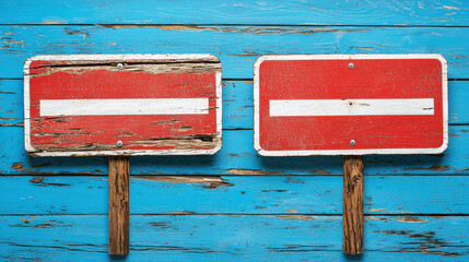 Weathered no entry road signs with white bars on blue wooden background evoke sense of restriction and caution
