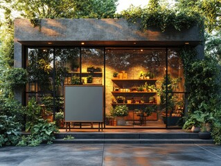 Outdoor Blank Advertising Board in Urban Setting Surrounded by Lush Greenery and Stone Architecture