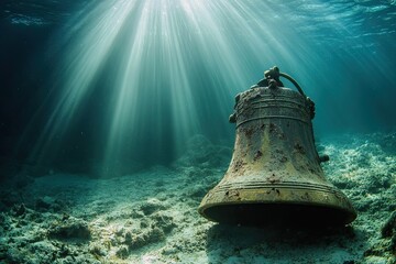Sunbeams Illuminate Submerged Ancient Bell Underwater