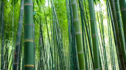 Fototapeta premium Lush green bamboo trees in a serene forest setting, with a softly blurred background.