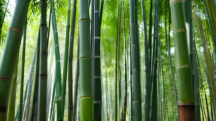 Obraz premium Lush green bamboo trees in a serene forest setting, with a softly blurred background.