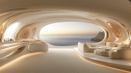 3D-rendered empty lounge with plush seating, a chic bar with subtle lighting, and modern interior details, showcasing an elegant and trendy space.